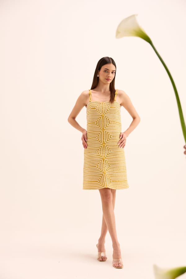 Ochre Yellow Linen Ropework Strap Knee-Length Dress — Prink Tonic