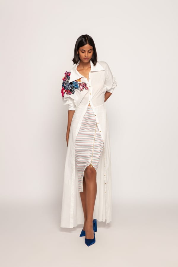 White Multicolor Striped Smocked Midi Pencil Skirt — Saaksha and Kinni