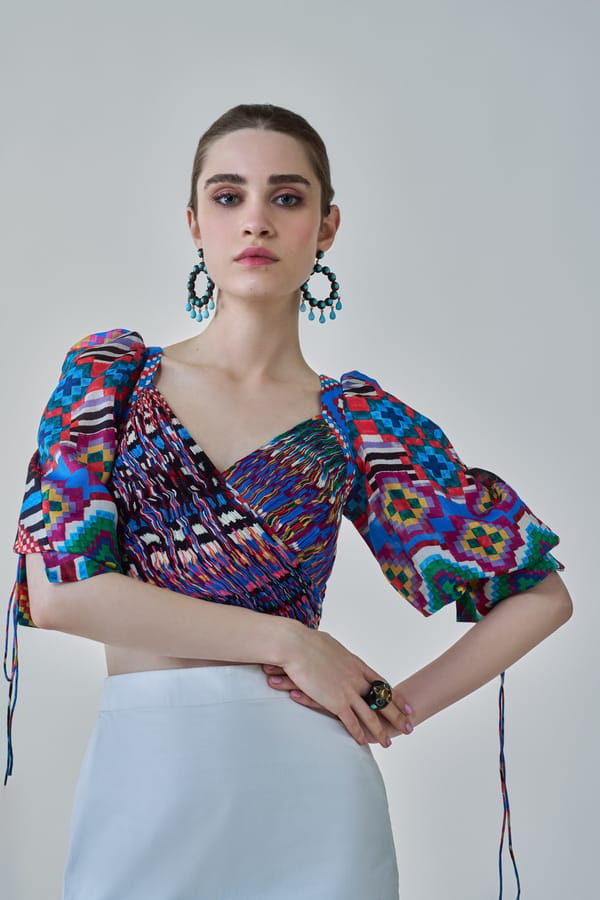 Blue Multi Printed Wrap Crop Blouse with Balloon Sleeves — Saaksha and Kinni