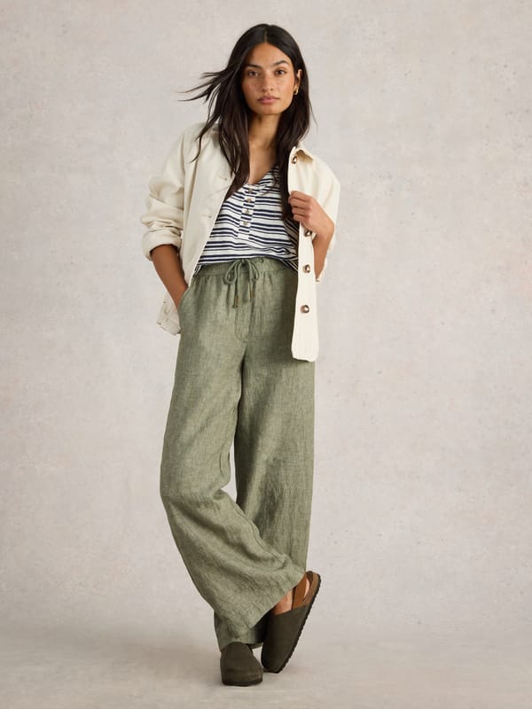 Mid Green Linen Wide-Leg Drawstring Trousers — White Stuff