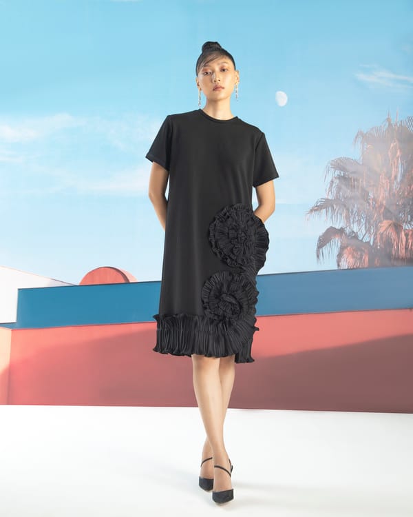Black Shift Dress with Pleated Flower Edge Detail — Pleats by Aruni