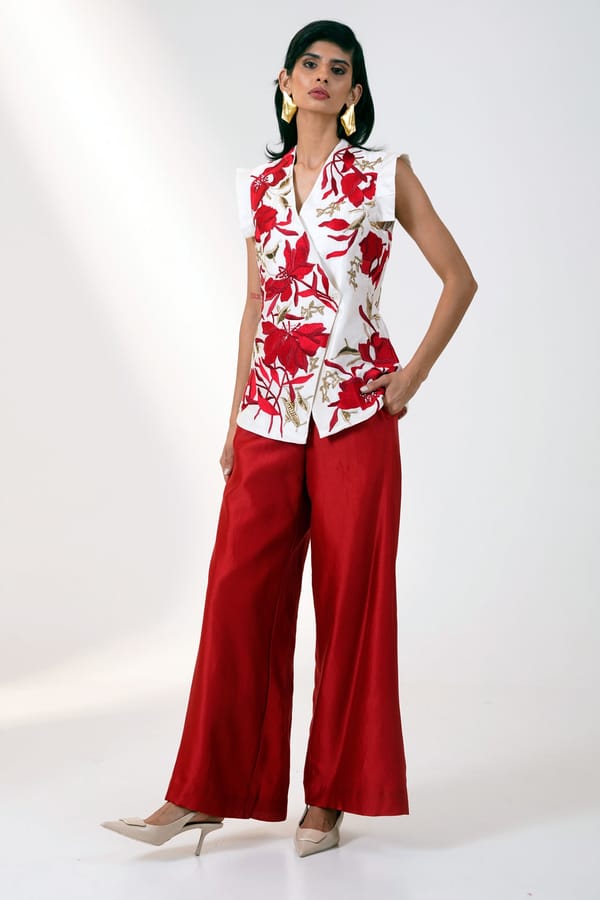 Off-White Embroidered Vest and Wide-Leg Pants Co-ord Set — Madder Much