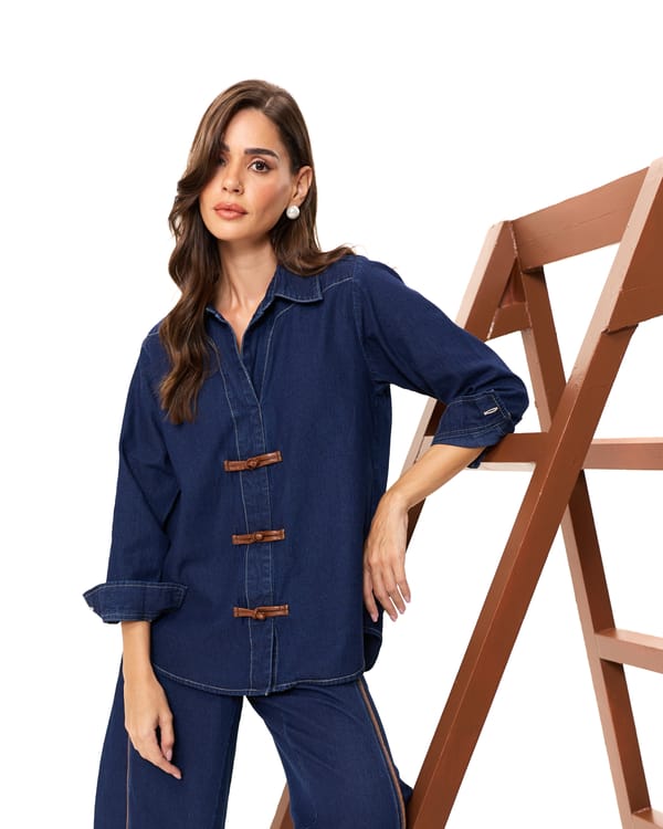 Denim Shirt with Leatherite Toggle Detail — AUR