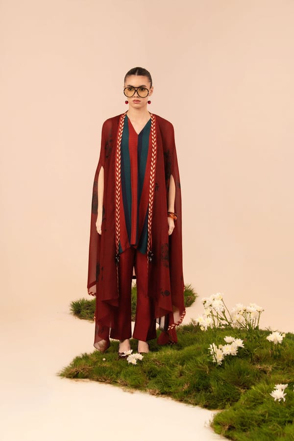 Red and Teal Striped Tunic Pant Co-ord Set with Cape — ISHA GUPTA TAYAL