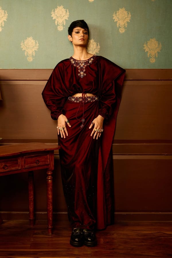 Maroon Micro Velvet Drape Maxi Skirt with Side Slit — Reeti Arneja