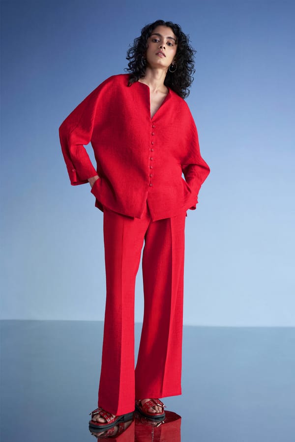 Buttoned Cuff Linen-Textured Shirt & Wide-Legged Pant Set — Dash and Dot
