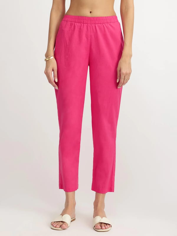 Pink Cotton Jacquard Tapered Ankle-Length Trousers — Pink Fort
