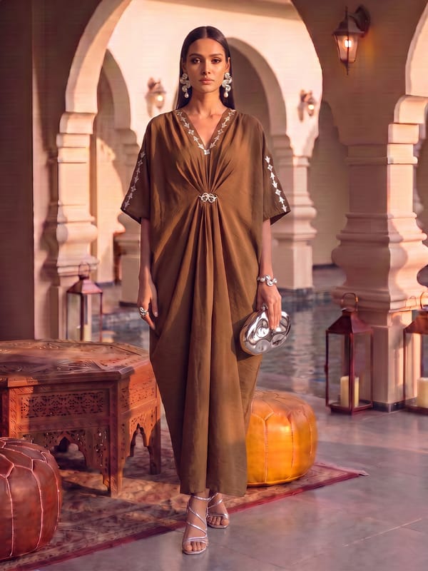 Desert Leather Patchwork Embroidered Kaftan — HOUSE OF FETT