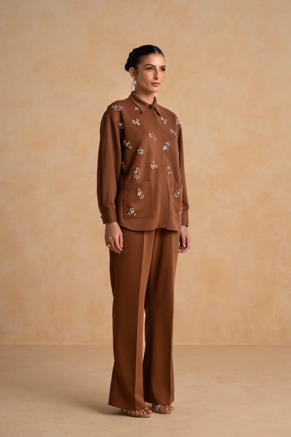Brown Suede Crystal-Embellished Shirt and Co-ord Set — Armoire
