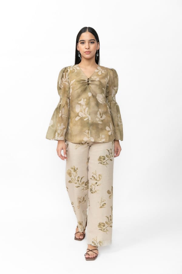 Green Floral Print Poly Linen Co-ord Set — Contemponari