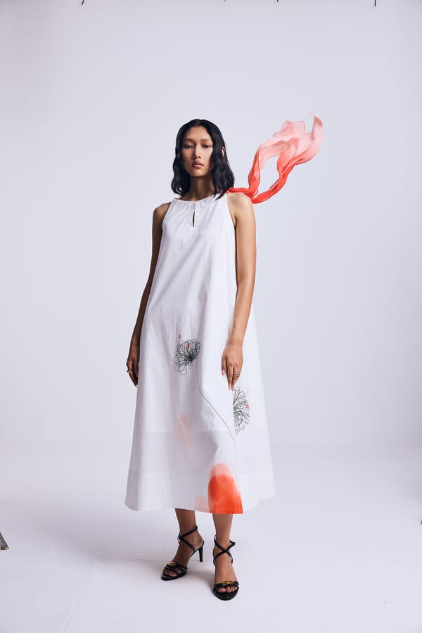 White A-Line Midi Dress with Abstract Floral Print — Corpora Studio