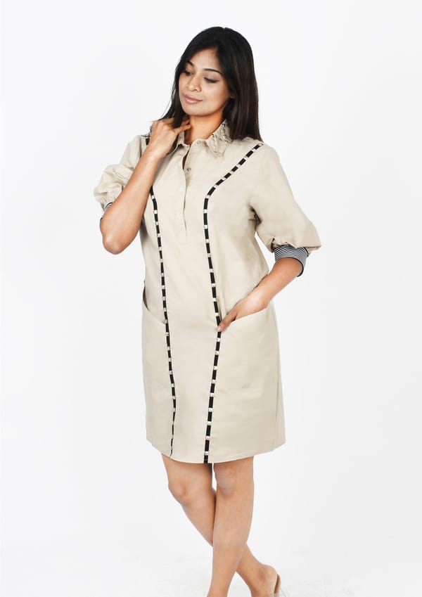 Beige One Piece Cotton Dress with Embroidery — Richa Goenka