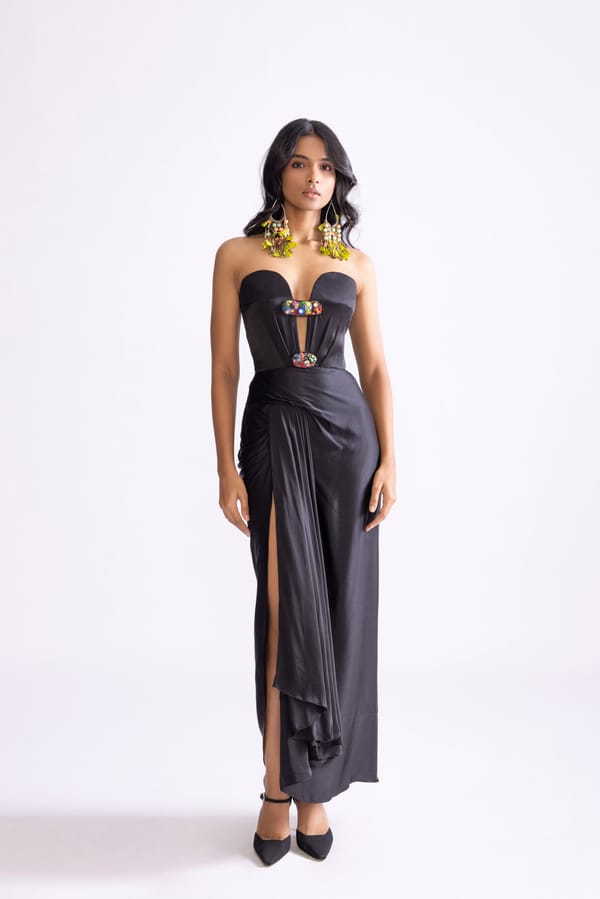 Black Satin Strapless Sweetheart Maxi Gown with Keyhole — Saaksha and Kinni