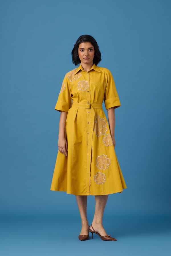 Ochre Cotton Poplin Shirt Dress with Floral Appliqué — 63East