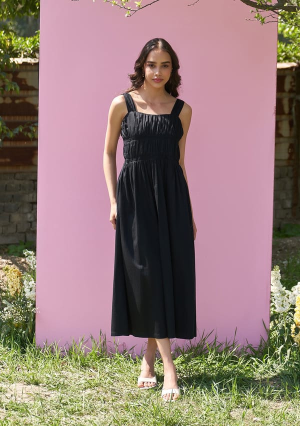 Black Cotton Smocked Fit and Flare Midi Dress — AMOSHI