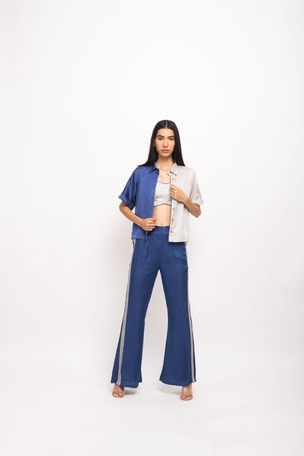 Blue Grey 3-Piece Colorblock Shirt and Pants Co-ord Set — Neora