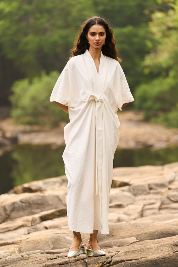 Ivory V-Neck Kaftan Maxi Dress with Front Knot Detail — Dash and Dot