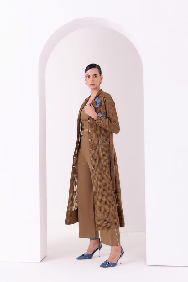 Tan Embroidered Longline Trench Jacket with Belt — Our Love