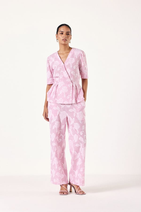 Pink Floral Jacquard Peplum Co-ord Set with Straight Pants — Muvazo