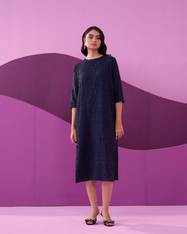 Navy Textured Midi Dress with Round Neck and Half Sleeves — Pleats by Aruni