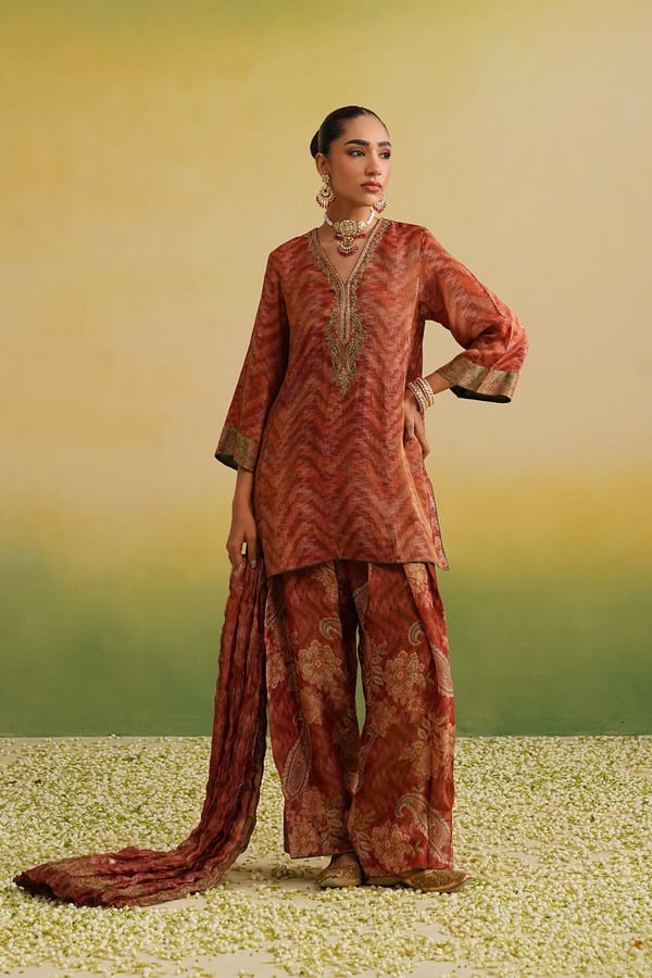 Naaz Rust Printed Tissue Farshi Salwar Set with Embroidery — INCHING INDIA