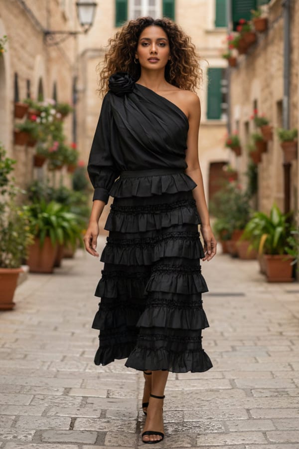 Black One-Shoulder Silk Co-ord Set with Tiered Midi Skirt — BOHO-CHIC
