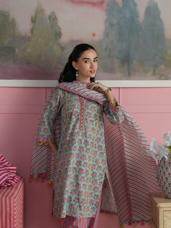 FLORA EASY FIT KURTA WITH STRIPED PANT & DUPATTA — TASHA INDIA