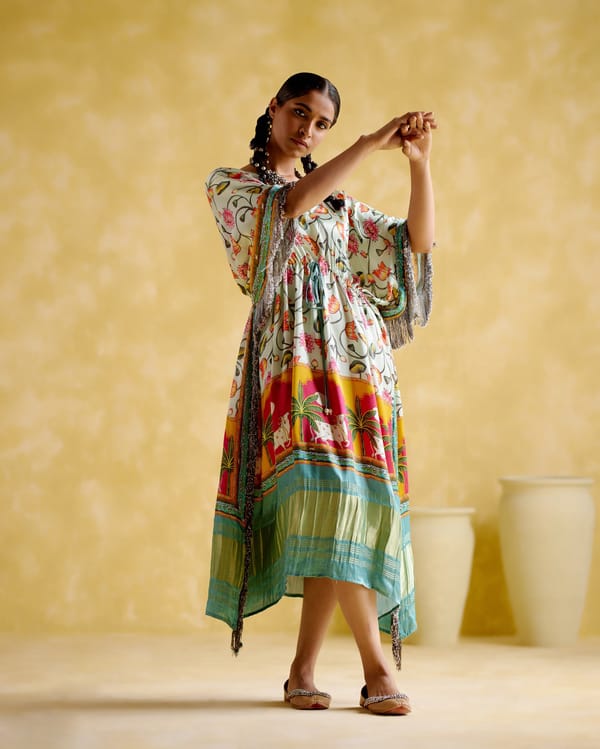 Turquise Modal Satin Printed Kaftan with Fringe Trim — 5 Elements