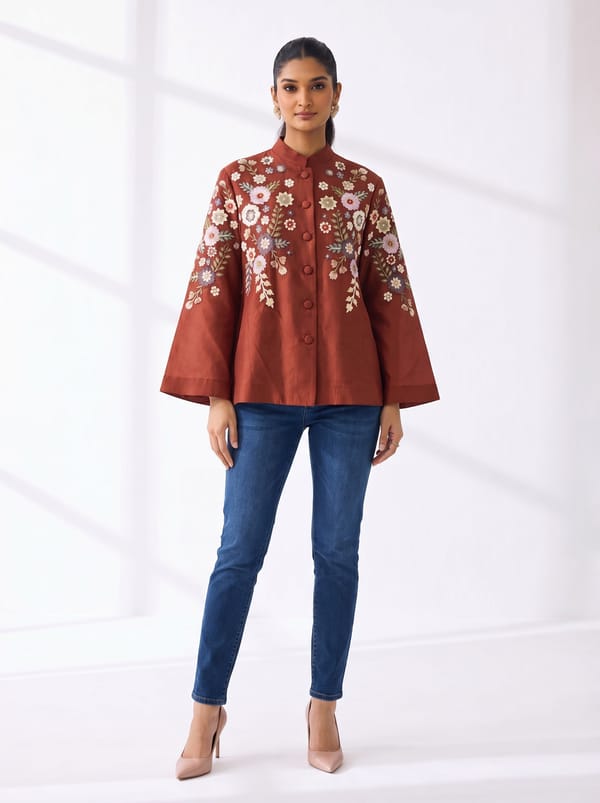 Phool Patti Embroidery Cape Red Chanderi — RUCHIKA MALLIKA LABEL