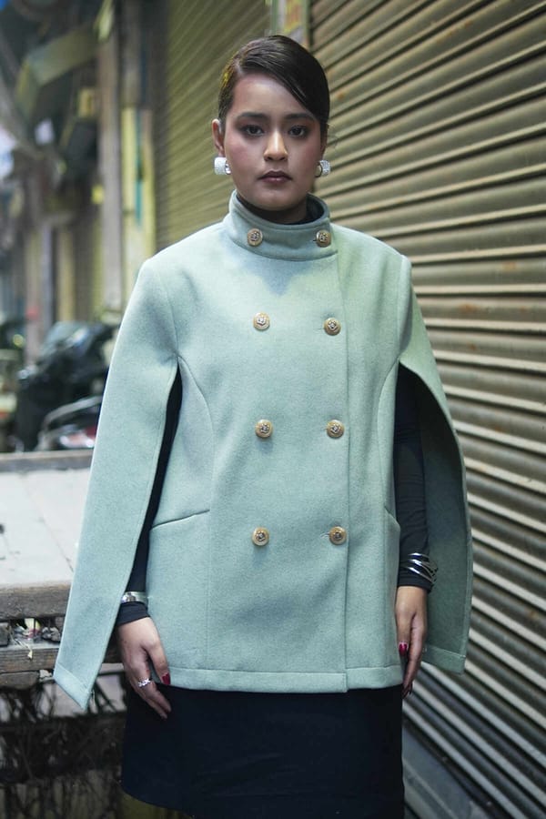 Sage Wool Cape Coat with Double-Breasted Buttons — YELL