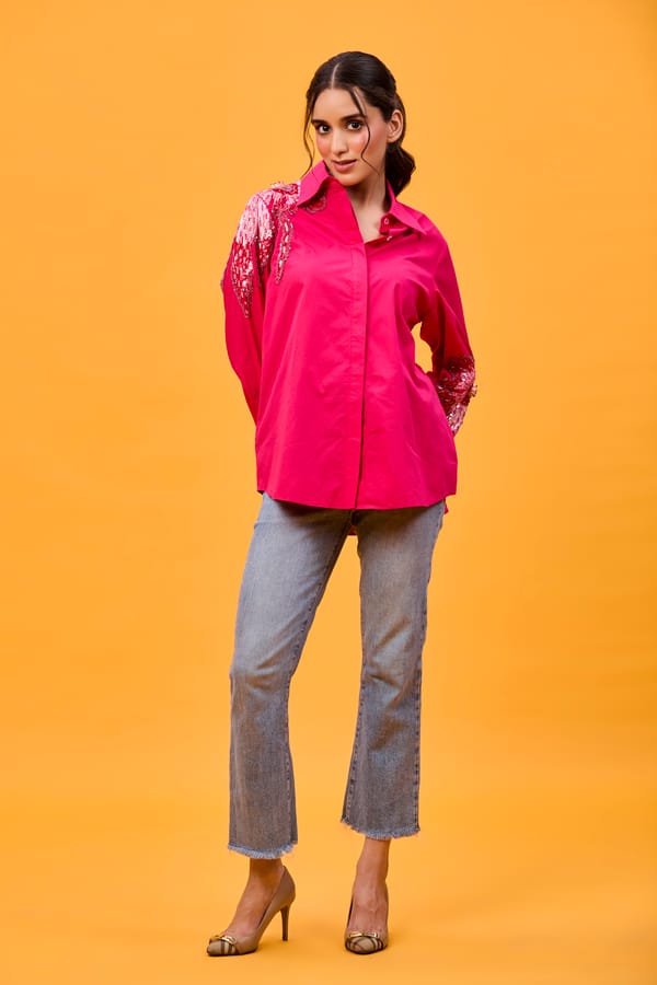 Rani Pink floral boota shirt — REVIKA AGGARWAL