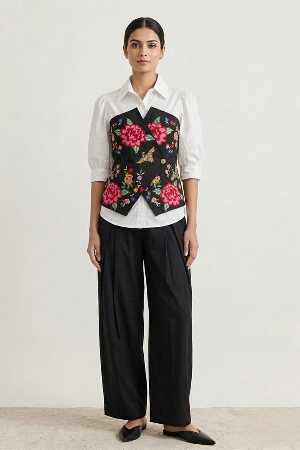 Black Embroidered Overlay Shirt and Wide-Leg Pants Co-ord Set — BOHO-CHIC