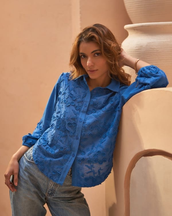 Blue Cotton 3D Floral Embroidered Shirt — Style Island