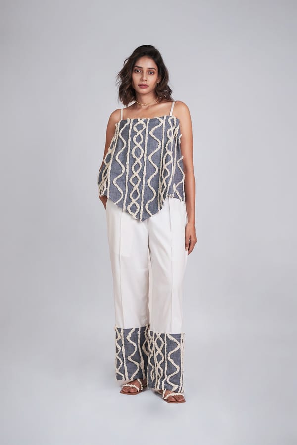 Blue Frayed Denim Bandana Top and Straight Pants Co-ord Set — 9899