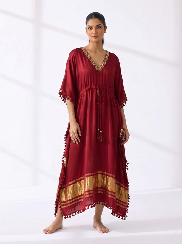 Maroon Satin Kaftan with Gold Border and Drawstring Waist — 5 Elements