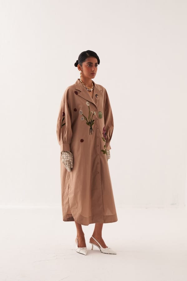 Faun Cotton Trench-Style Midi Dress with Applique — Ofrida
