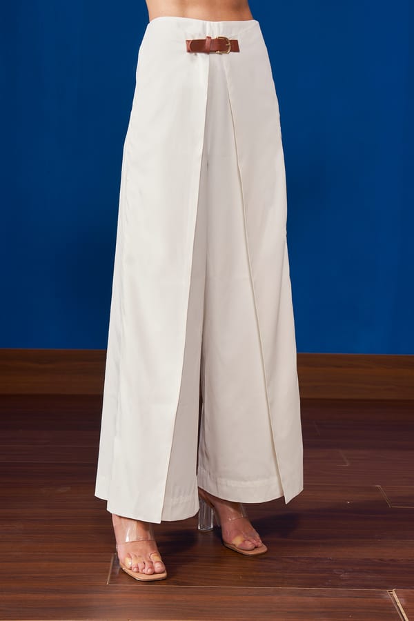 Ivory High-Rise Wide-Leg Pleated Trousers with Belt — NOTEBOOK