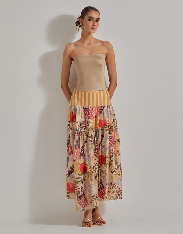 Beige Bandeau Top and Printed Maxi Skirt Co-ord Set — Kavita Bhartia