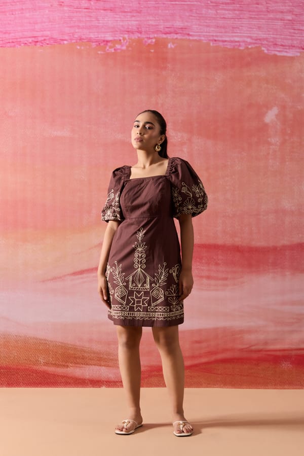 Brown Cotton Poplin Mini Dress with Aari Embroidery — Label Ruiaan