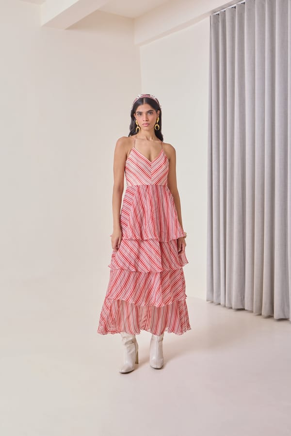 Coral Pink Striped Tiered Ruffle Maxi Dress — Needle Ten