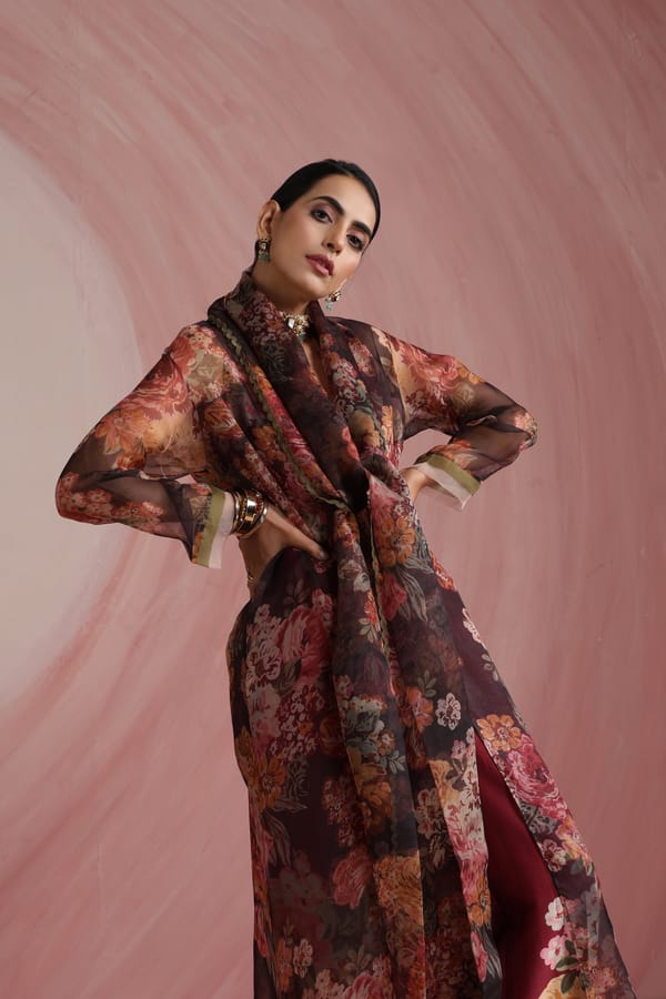 Burgundy Floral Sheer Organza Longline Overlay — Moh India