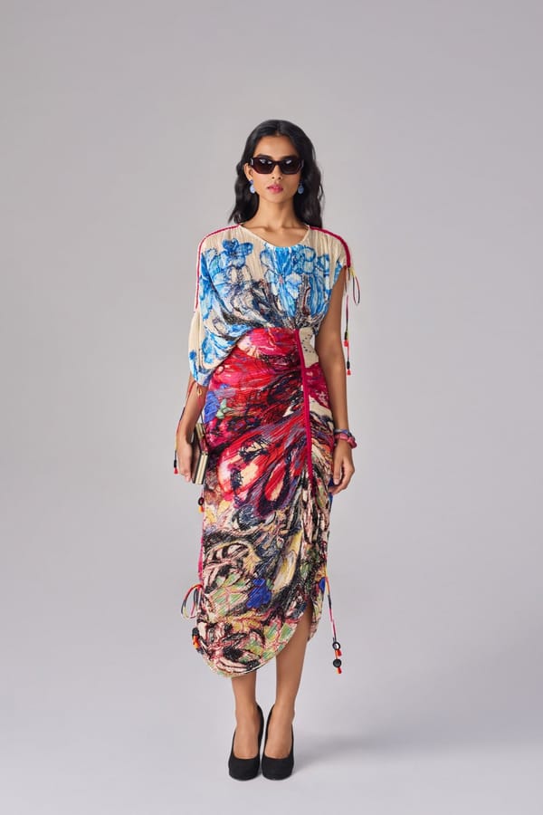 Multi-Color Abstract Floral Micro-Pleated Kaftan Midi Dress — Saaksha and Kinni