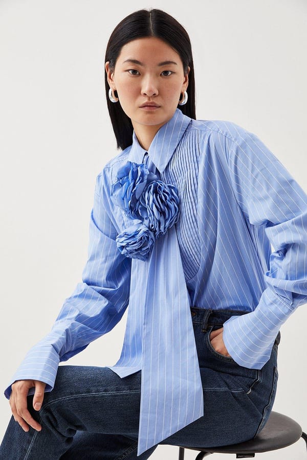 Blue Striped Cotton Shirt with Rosette Tie Neck — KAREN MILLEN