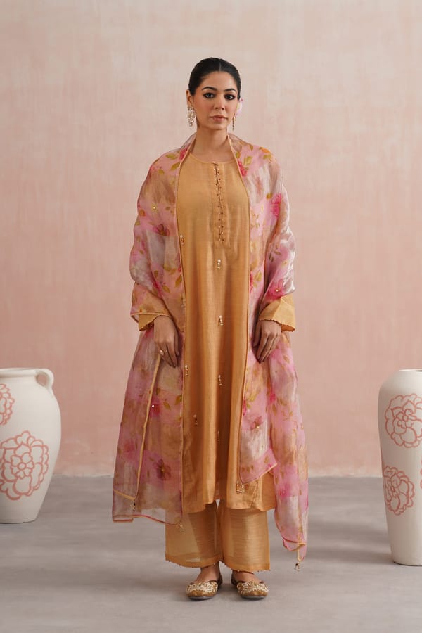 Apricot Peach Kalidar Kurta Set With Pink Dupatta — UGNA