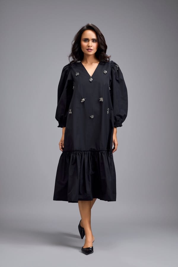 Long Gathered Hem Embellished Dress — Deepika Arora