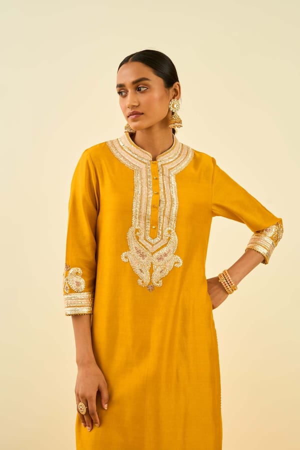 Glaze Mustard Straight Silk Chanderi Kurta Set with Palazzo — Sheetal Batra