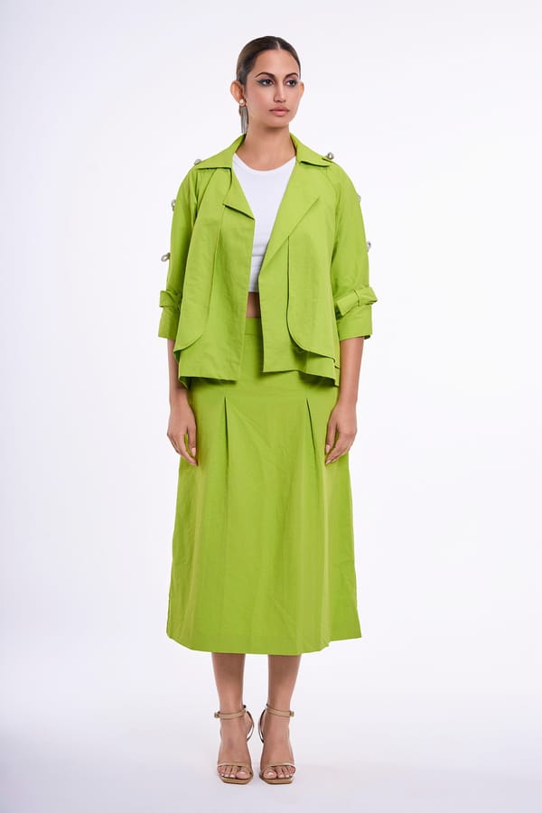 Lime Green Bow-Embellished Jacket and Midi Skirt Co-ord Set — KOR