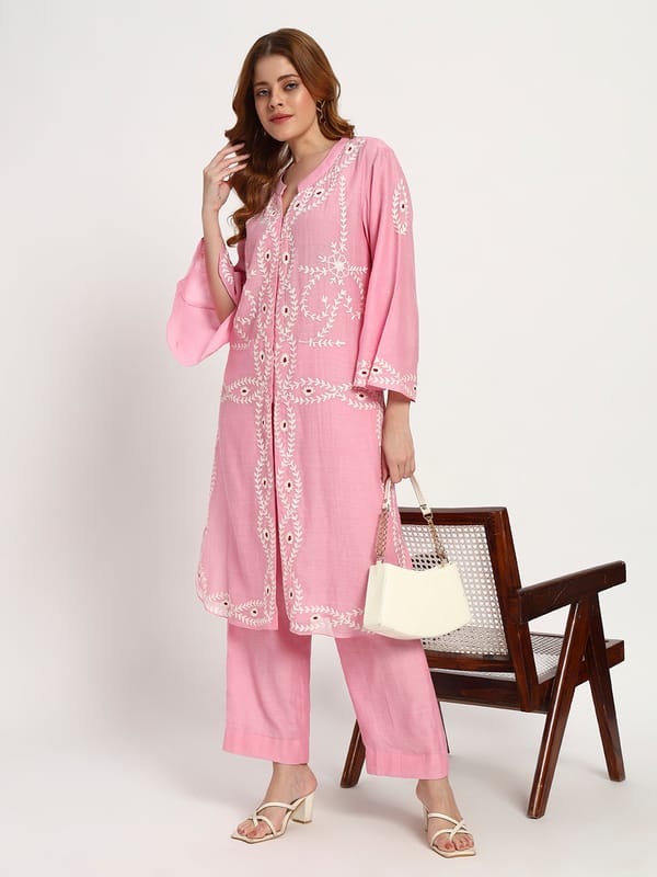 Blush Cotton-Silk Embroidered Kurta Set — Gotta Kinari