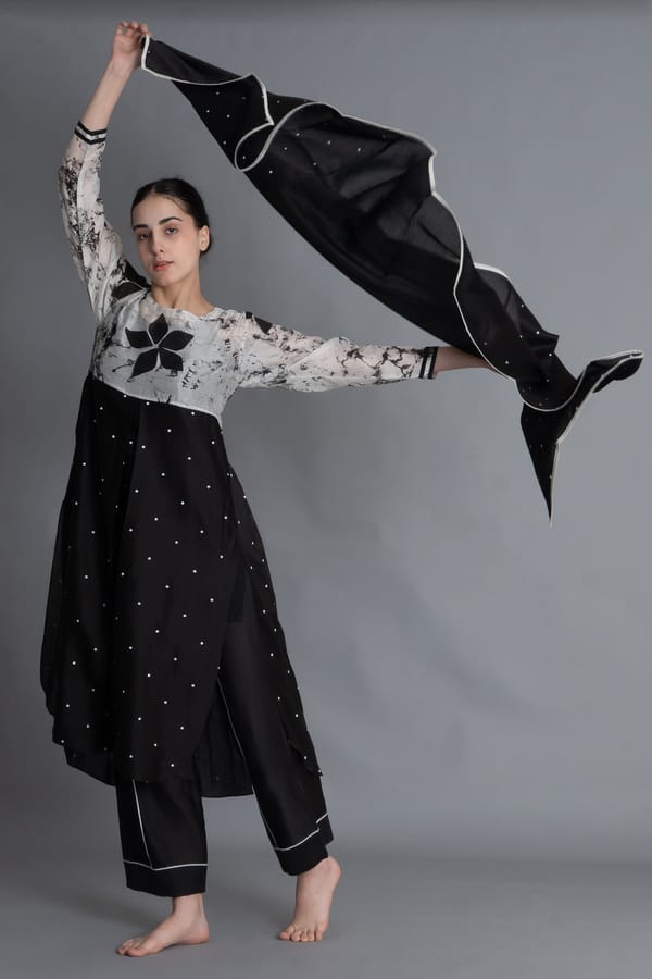 Black and White Printed Chanderi Silk Kurta Set — Khat