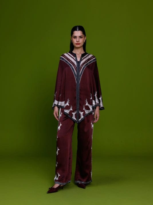 Burgundy Printed Zip-Front Cape Top Co-ord Set — Kamaali Pret